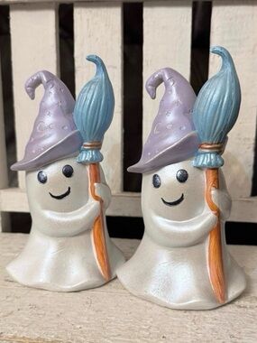Whimsical Silver Ghost Figurine with Lavender Hat and Blue Broom - Unbranded